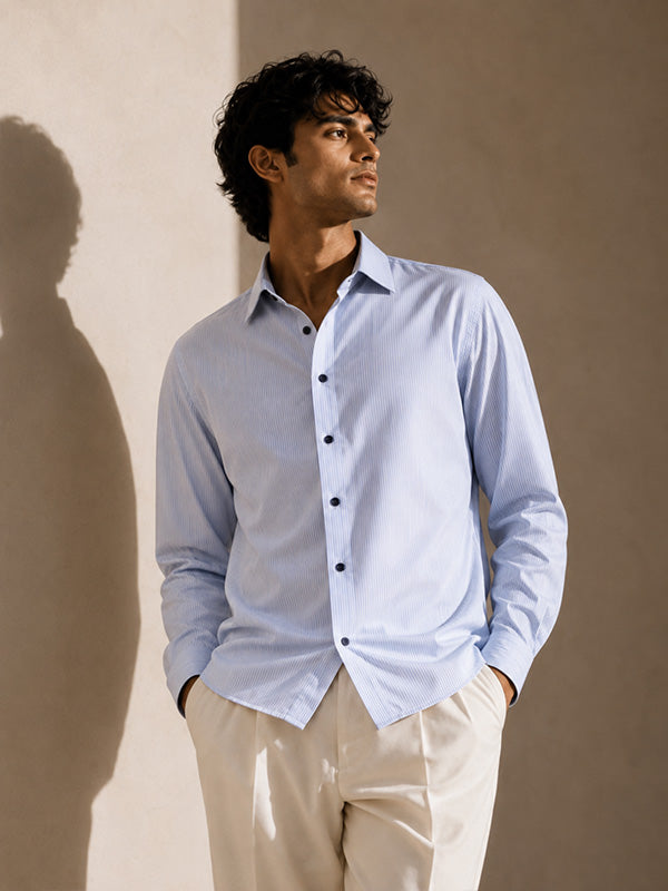 The Blue Meridian: Light Blue Pinstripe Satin Shirt