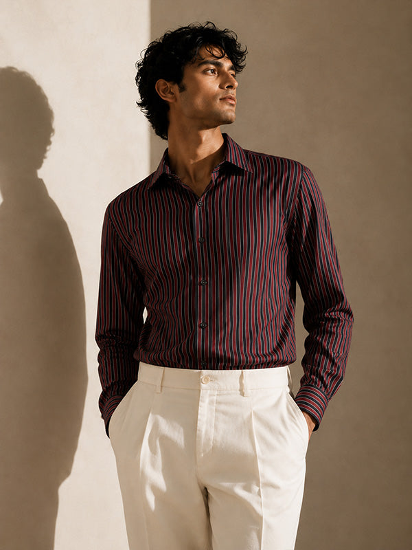 The Midnight Stripe: Premium Black & Maroon Oxford Shirt