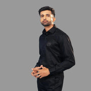 The Onyx Alpha: Black Twill Leather Wolf Patch Shirt