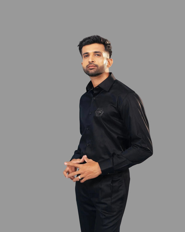 The Onyx Alpha: Black Twill Leather Wolf Patch Shirt