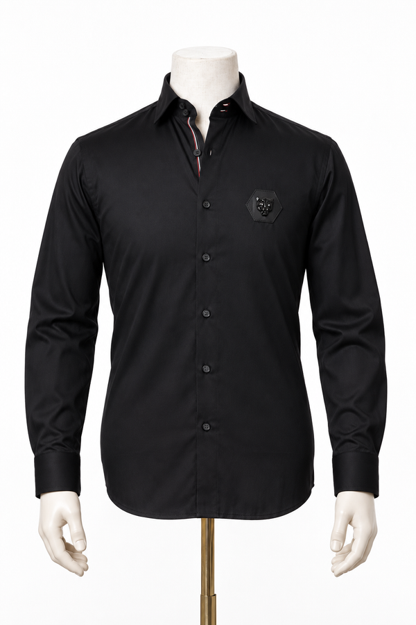 The Onyx Alpha: Black Twill Leather Wolf Patch Shirt