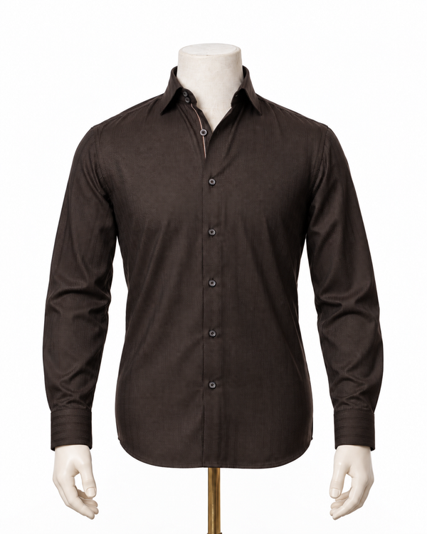 The Mocha Regent: Deep Brown Herringbone Shirt