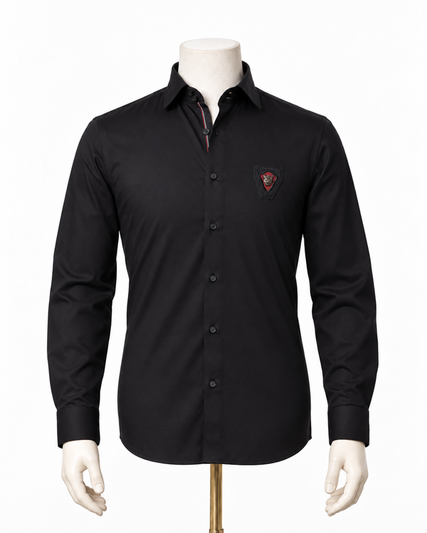 The Obsidian Valor: Black Twill Embroidered Patch Shirt