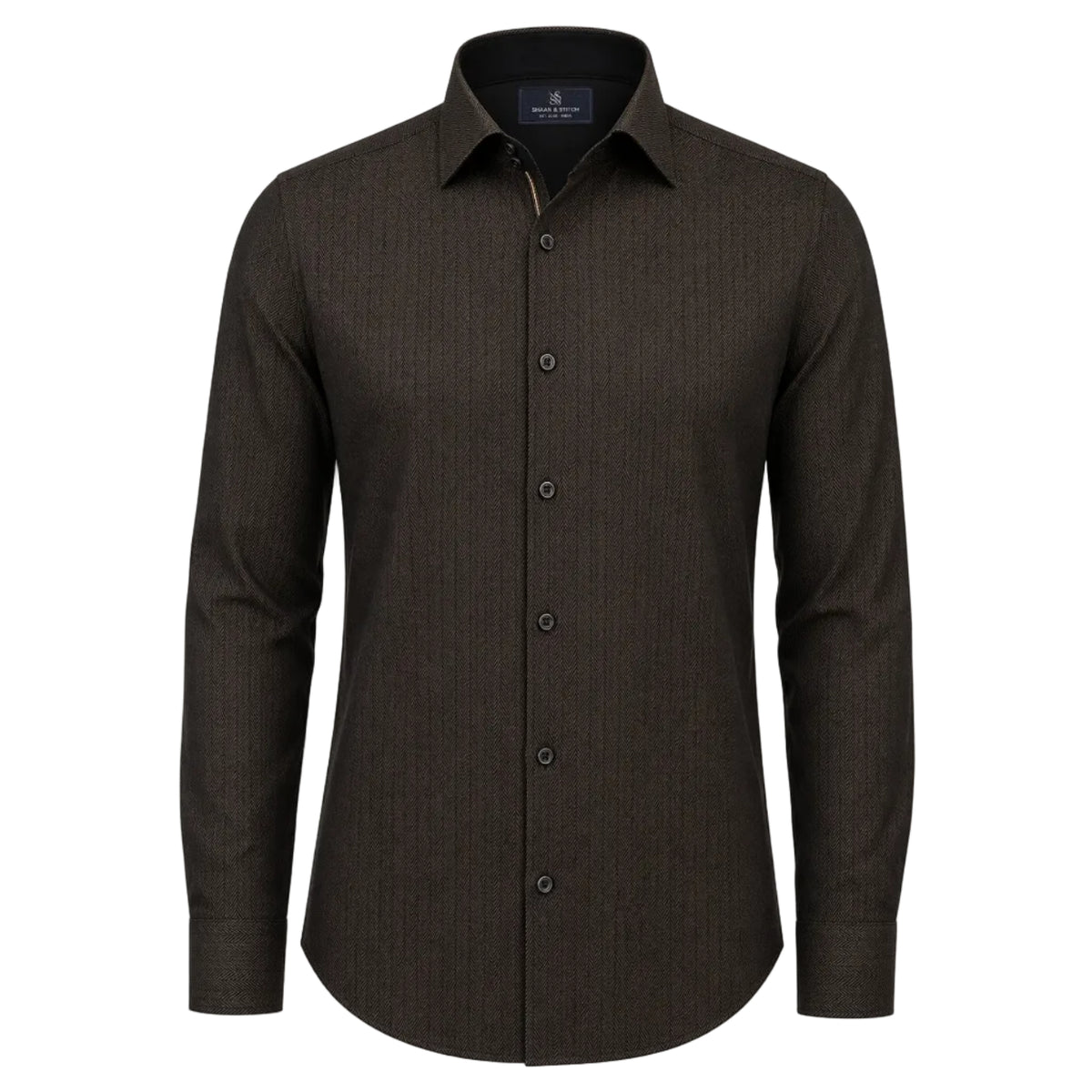 The Mocha Regent: Deep Brown Herringbone Shirt