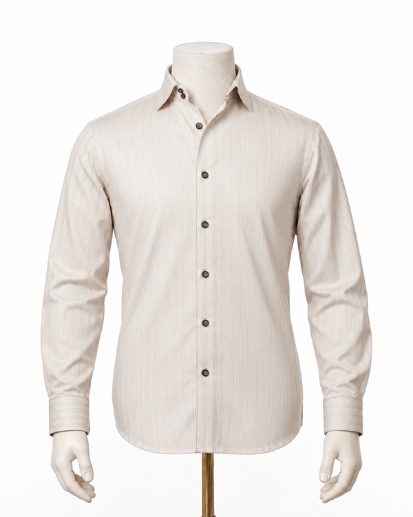 The Regent Ivory: Beige Giza Satin Striped Shirt