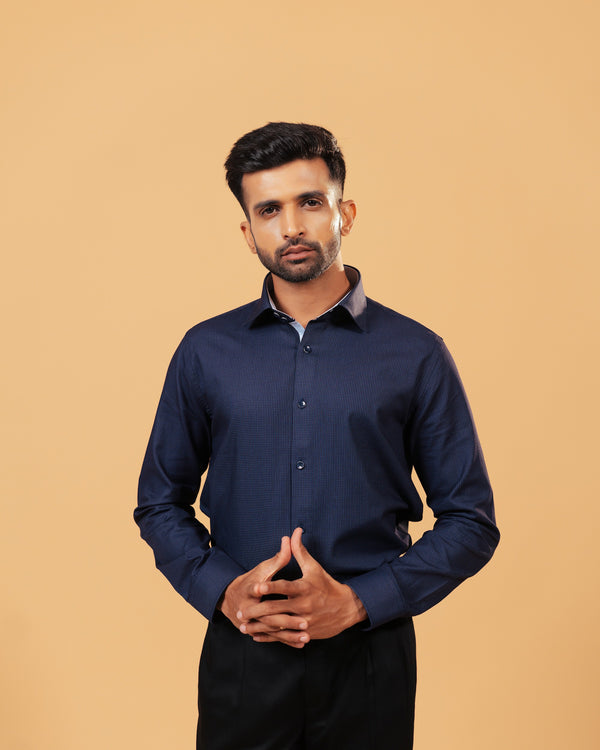 The Azure Crest: Navy Blue Giza Dobby Shirt