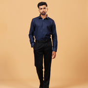 Model wearing navy blue Giza dobby shirt full front view