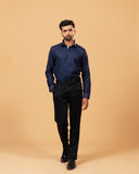 Model wearing navy blue Giza dobby shirt full front view