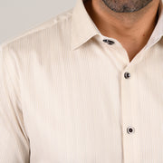 Premium double-button collar detail on beige pin stripe Giza satin shirt