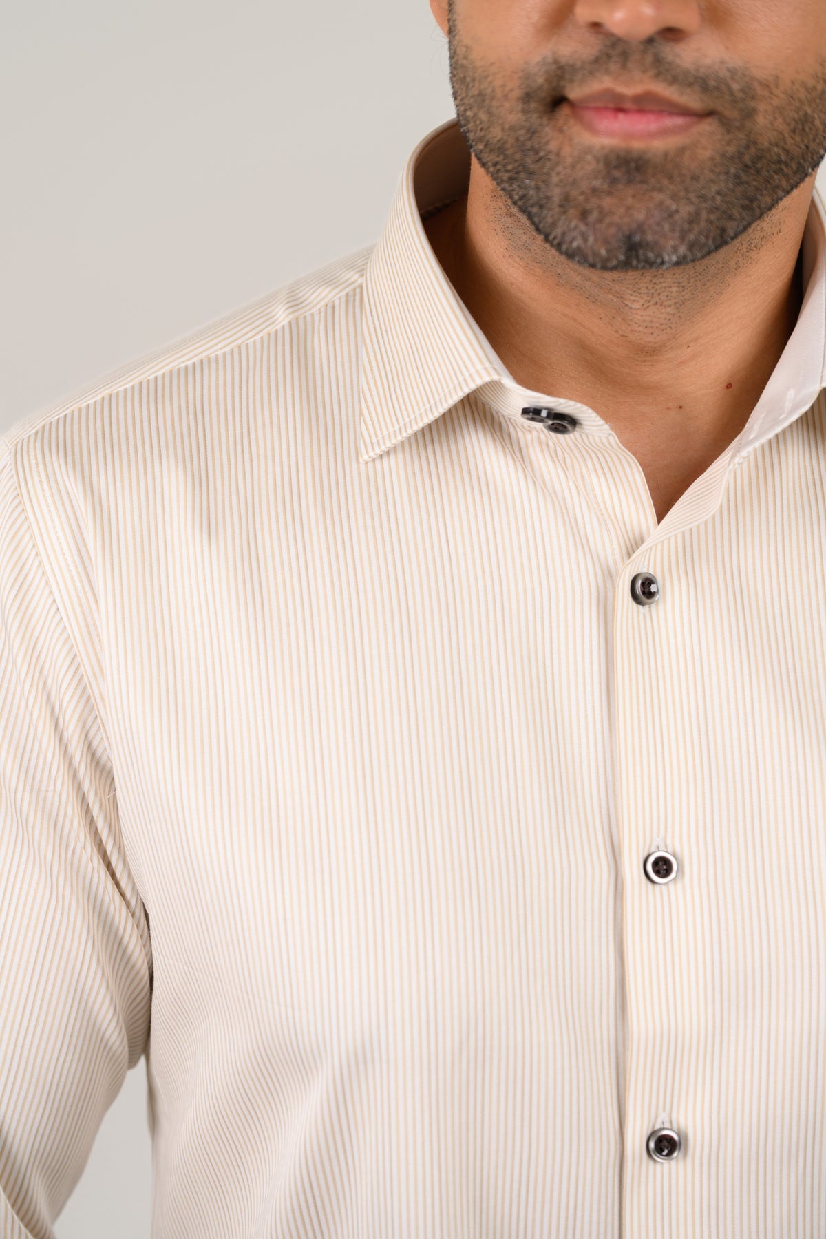 Premium double-button collar detail on beige pin stripe Giza satin shirt