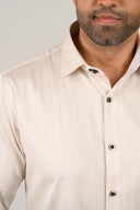 Premium double-button collar detail on beige pin stripe Giza satin shirt