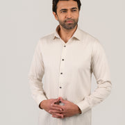 Beige ivory striped shirt for men front view in premium Giza satin wear by model