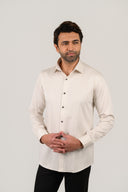 Beige ivory striped shirt for men front view in premium Giza satin wear by model