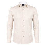 Beige ivory striped shirt for men front view in premium Giza satin