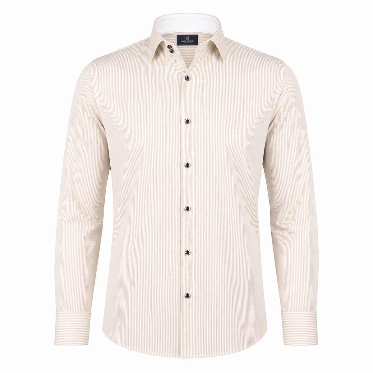 Beige ivory striped shirt for men front view in premium Giza satin