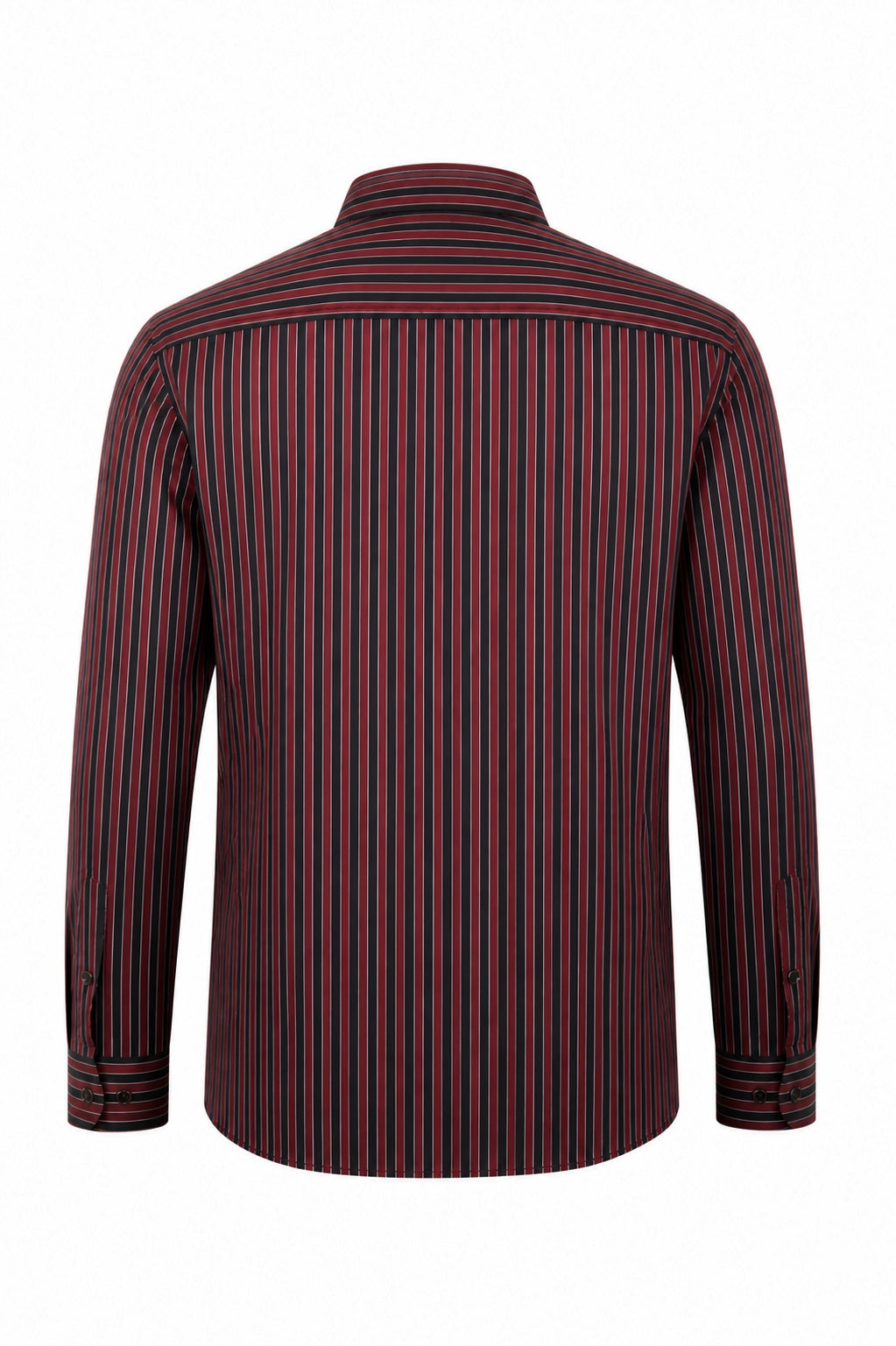 Black and maroon striped shirt for men back view showing tailored fit