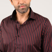 Black striped shirt close-up of collar and placket detail in Oxford fabric