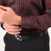 Black and maroon striped shirt cuff detail with refined Oxford texture