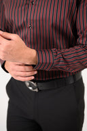 Black and maroon striped shirt cuff detail with refined Oxford texture