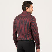 Black and maroon striped shirt worn by model showing back fit