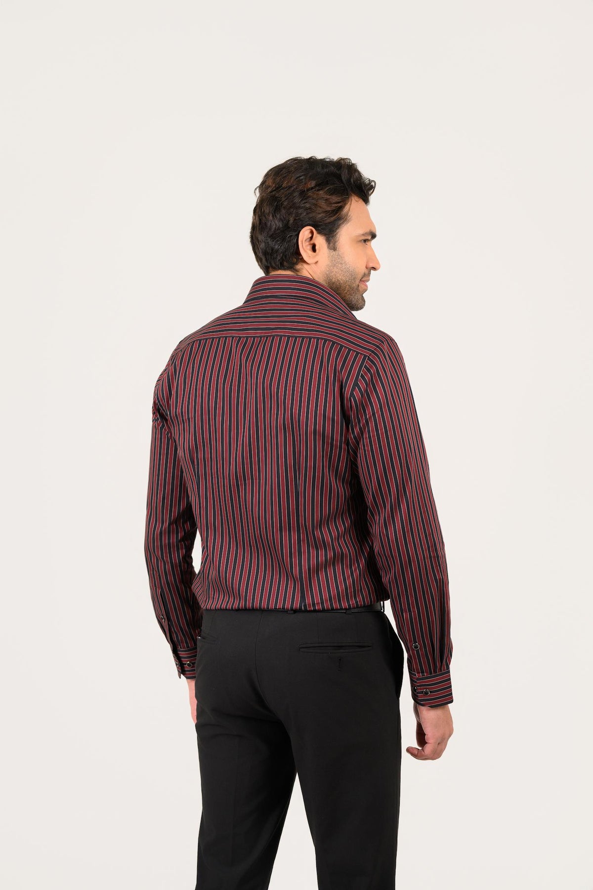 Black and maroon striped shirt worn by model showing back fit