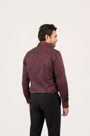 Black and maroon striped shirt worn by model showing back fit