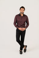 Black striped shirt for men worn by model in formal smart casual style