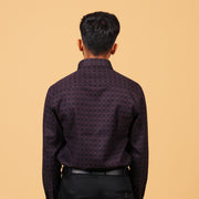 Model back view wearing wine and navy jacquard shirt