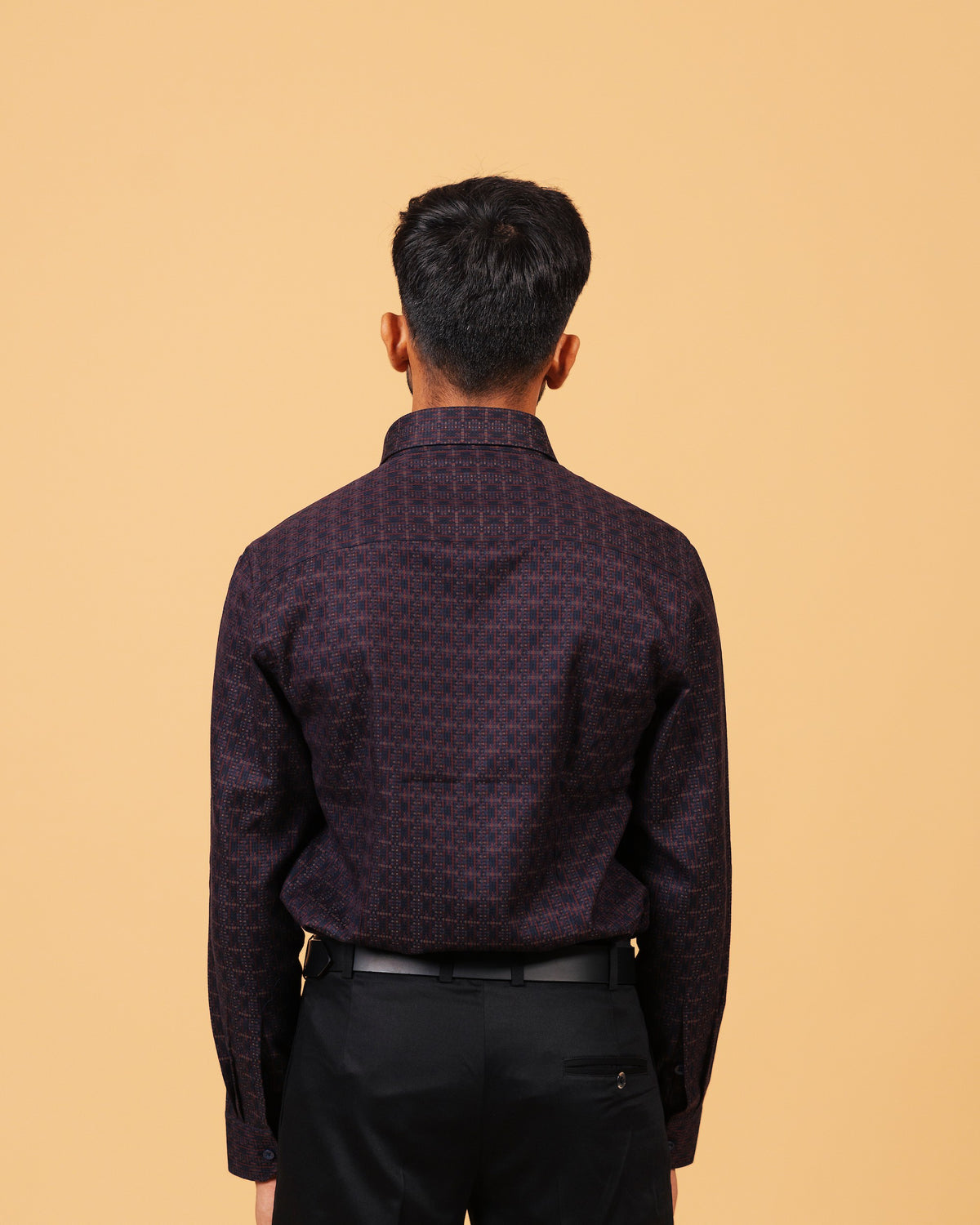 Model back view wearing wine and navy jacquard shirt