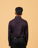 Model back view wearing wine and navy jacquard shirt