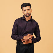 Model wearing wine and navy jacquard shirt front view