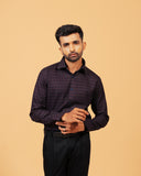 Model wearing wine and navy jacquard shirt front view