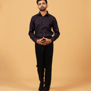 Model wearing wine and navy jacquard shirt full front view