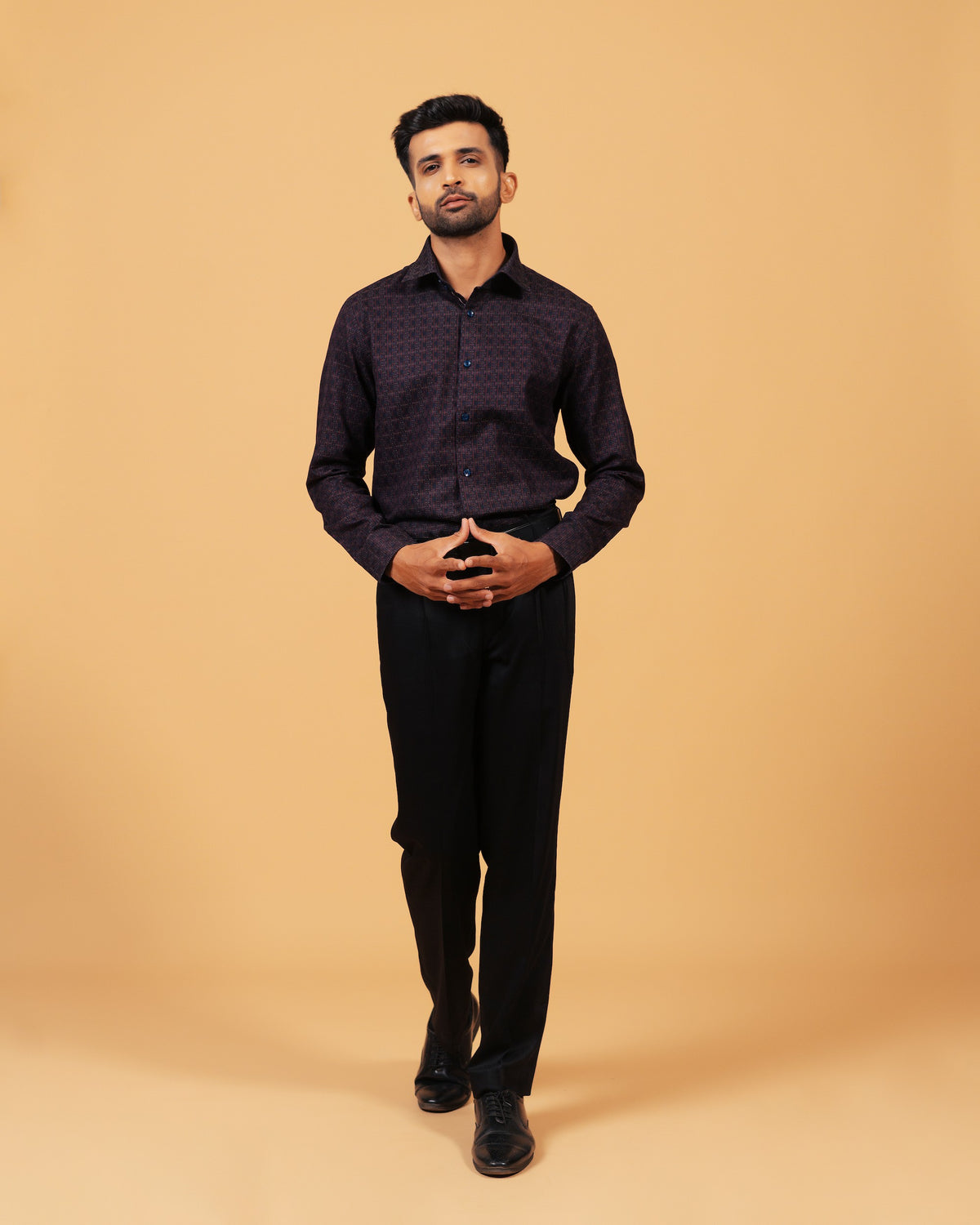 Model wearing wine and navy jacquard shirt full front view