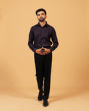 Model wearing wine and navy jacquard shirt full front view