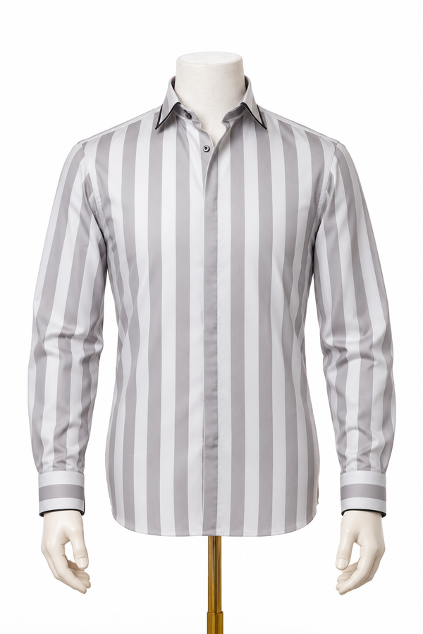 The Argent Lineage: Silver Wide Stripe Satin Shirt