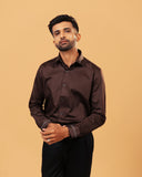 Model wearing dark brown Giza satin shirt front view
