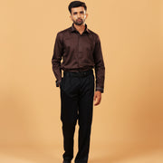 Model wearing dark brown Giza satin shirt full front view