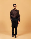 Model wearing dark brown Giza satin shirt full front view