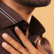 Half side collar view of dark brown Giza satin shirt on model