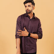 Model wearing marron Giza satin shirt front showing sleeve tape view