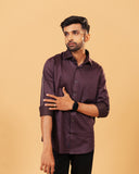 Model wearing marron Giza satin shirt front showing sleeve tape view