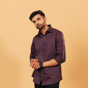 Model wearing marron Giza satin shirt front view