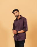 Model wearing marron Giza satin shirt front view
