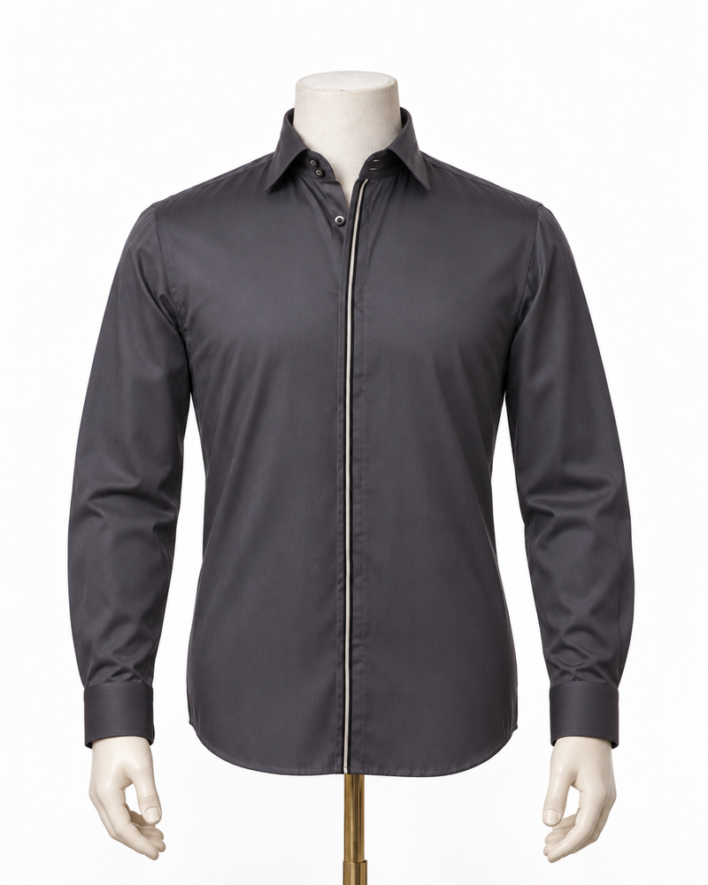 The Sterling Horizon: Steel Grey Giza Satin Shirt