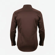 Dark brown satin shirt for men back view showing polished fit