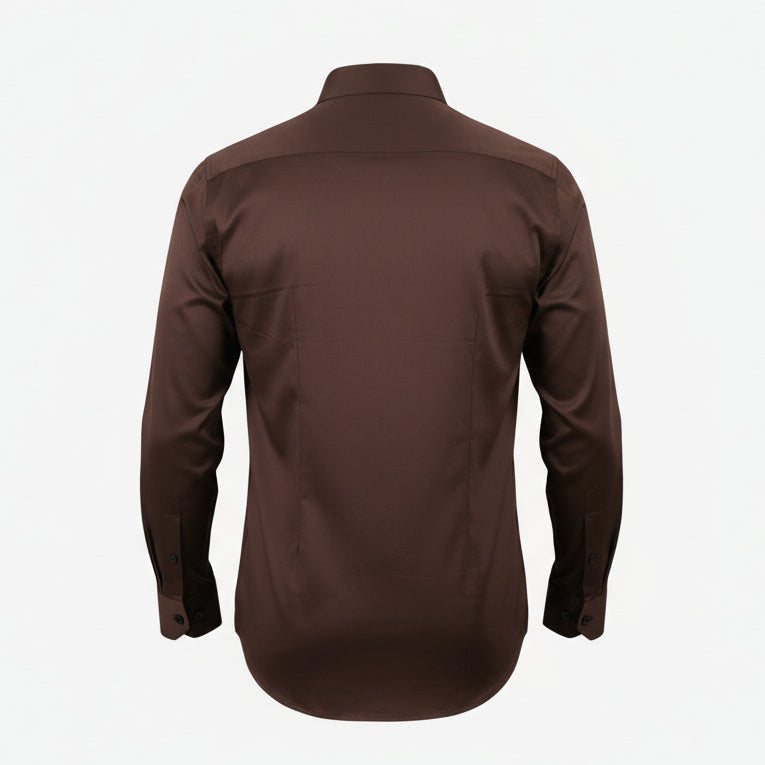 Dark brown satin shirt for men back view showing polished fit