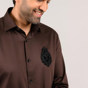Dark brown satin shirt close-up of collar and placket detail