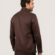Dark brown satin shirt for men worn by model showing back fit and style