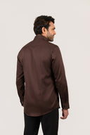 Dark brown satin shirt for men worn by model showing back fit and style